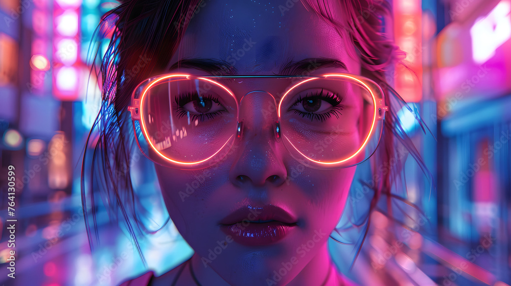 A close-up image of a woman's face adorned with glowing neon glasses, reflecting a vibrant city A close-up image of a woman's face adorned with glowing neon glasses, reflecting a vibrant city