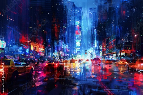 City of Dreams Luminous Night View of a Bustling Metropolis, Digital Painting Capturing Urban Splendor