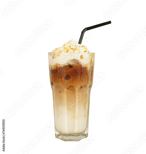 Iced caramel latte coffee on top whipped cream and caramel sauce. on glass and tube sucking isolated white background