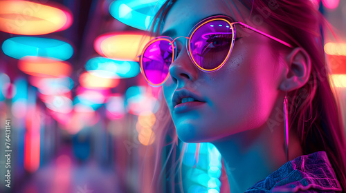 A woman stands amidst vibrant neon lights, evoking a sense of futurism and nightlife with a mysterious touch