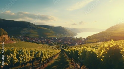 Scenic aerial view of vineyard grapes and villa in rural landscape on a sunny day for farm banner