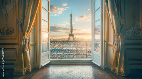 View of the Eiffel Tower and the Seine River through the open balcony window of a vacation rental apartment on the Right Bank in Paris. Travel, real estate in Paris for sale, booking, rent. photo