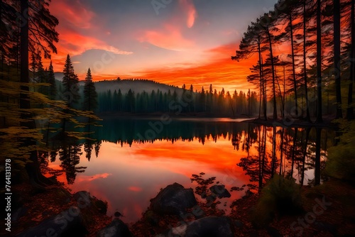 A tranquil, mirror-like lake reflecting the vibrant colors of a fiery sunset amidst a serene forest backdrop.