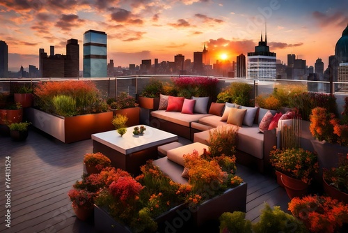 A rooftop terrace garden overlooking a city skyline drenched in the colors of a setting sun.