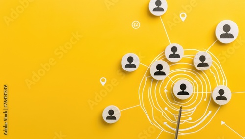 Team alignment and common goal concept with wooden tokens and a central target on a bright yellow background, symbolizing unity and focus - AI generated