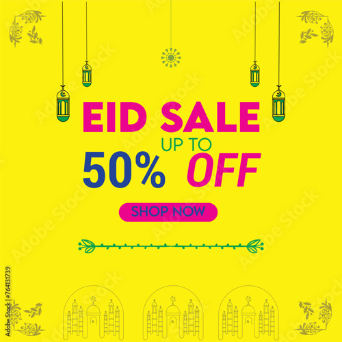 Eid Sale. Eid Special Offer. Up to 50% Off. Green Theme vector EPS editable file with yellow background.