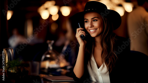 Happy Woman in Restaurant Talking on Mobile Phone