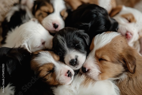 A pile of slumbering puppies exudes serenity and warm, fuzzy feelings in a close-up shot