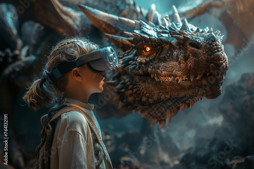 Young explorer in VR glasses faces a towering dragon in a fantasy landscape, ultra-realistic, shimmering scales, thrilled child, cinematic.