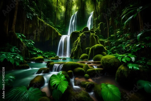 A cascading waterfall amidst a lush, emerald-green rainforest teeming with life.