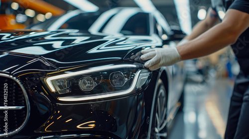 technician applying a paint sealant to a luxury sedan, focusing on the hands-on process and the protective layer being added for a long-lasting, showroom-quality finish © Дмитрий Симаков