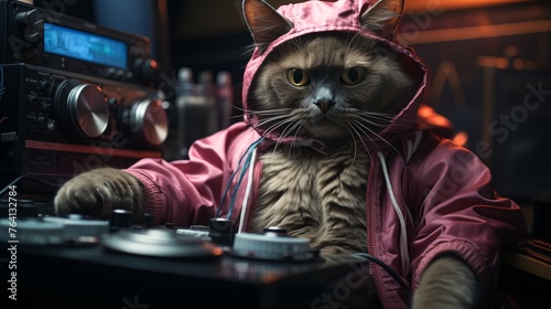 a hybrid of a siamese cat and human face  sitting on a chair playing on a synthesizer  synth pop  retro style   vinyl record player and speakers behind cat