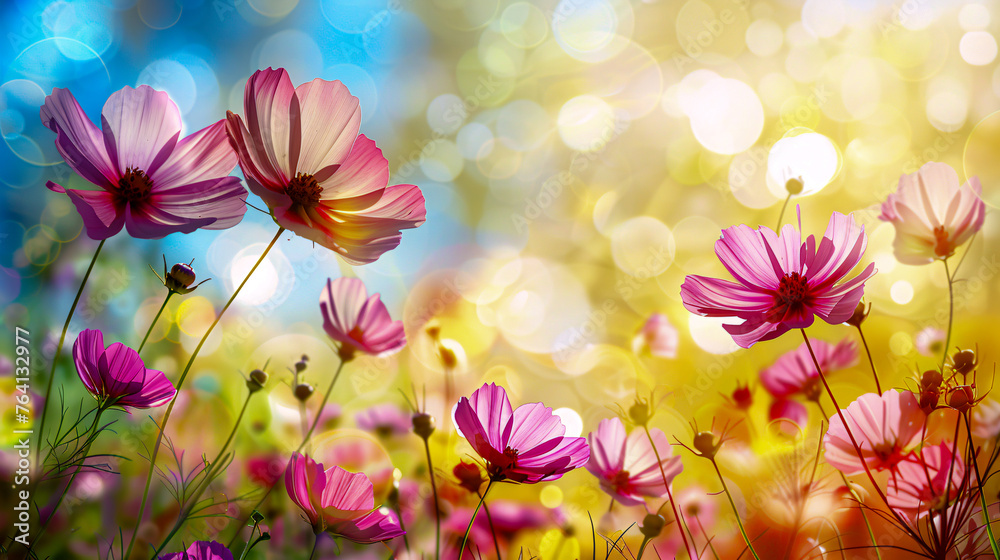 Field of blooming cosmos flowers, vibrant nature scene in summer with colorful floral beauty