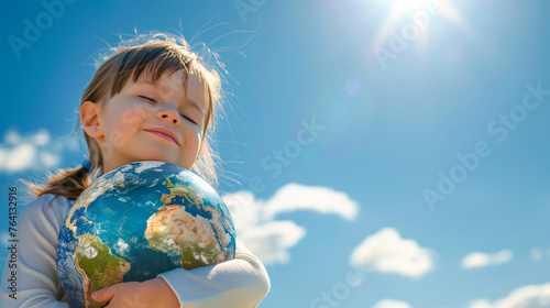 Earth day card. Child with Earth Globe on blue sky background. World peace, no war concept. Environment, save clean planet, ecology concept. Love and Save the World for the Next Generation. Copy space