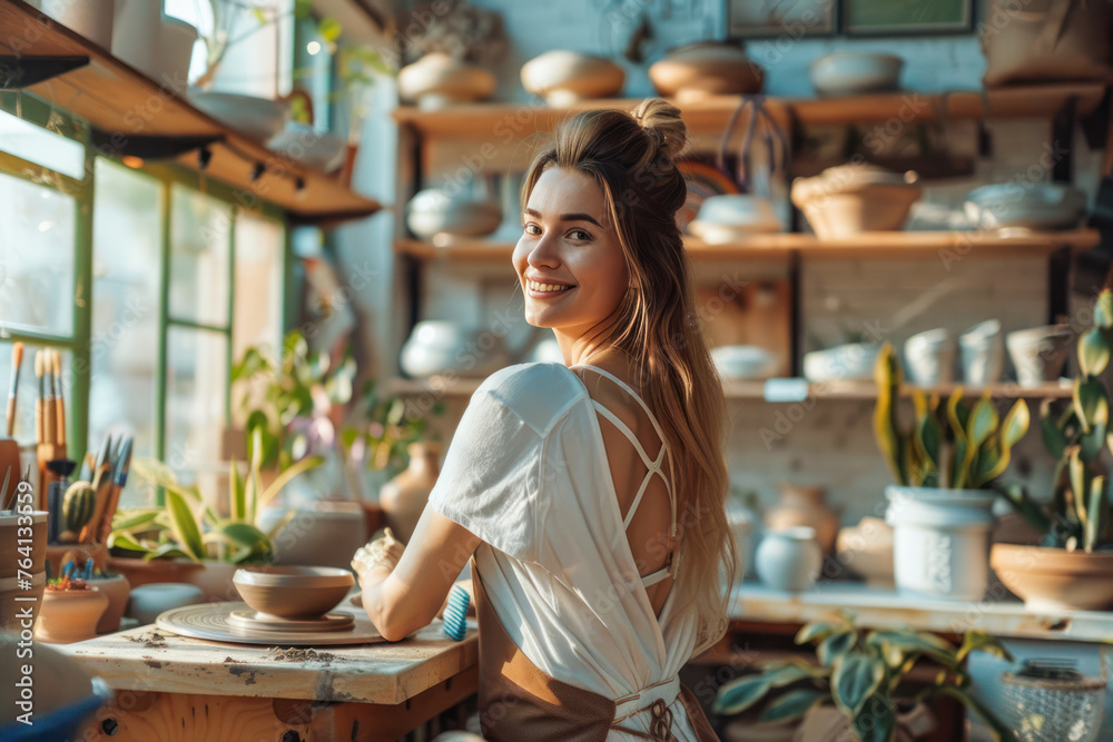 Smiling female potter in apron standing near table with vases and bowls while working on clay vase in pottery studio. Ceramist teacher create pottery sculpture on a pottery wheel from grey clay. Smiling female potter in apron standing near table with vases and bowls while working on clay vase in pottery studio. Ceramist teacher create pottery sculpture on a pottery wheel from grey clay.