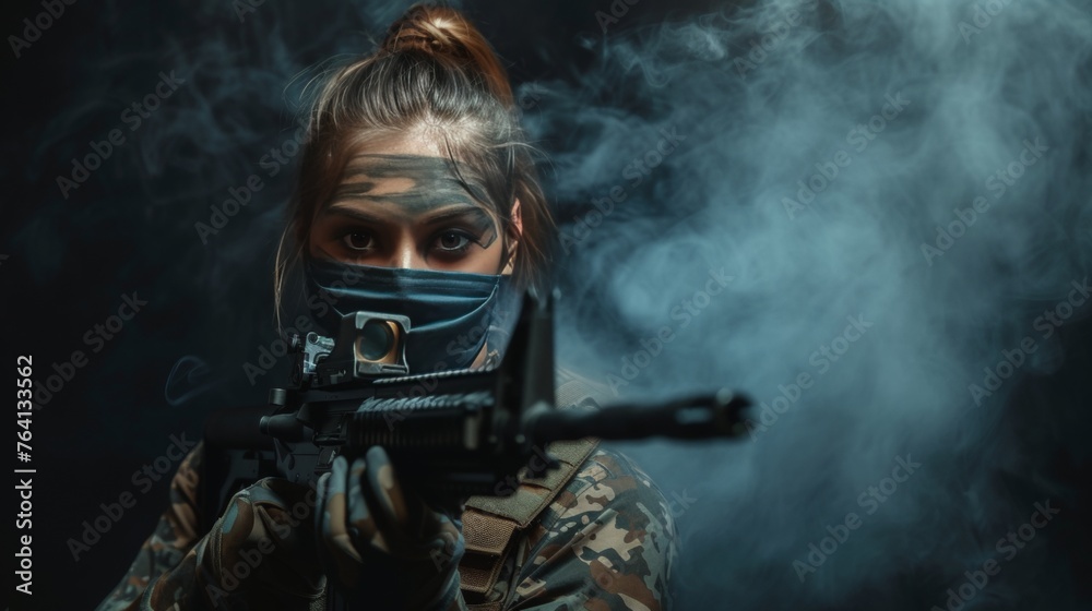 Portrait of a female sniper with rifle in battle field