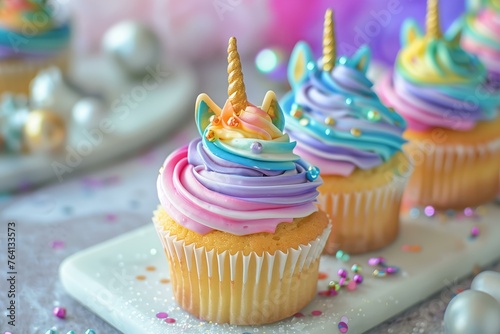 Unicorn-themed cupcakes with rainbow swirl frosting and sparkly unicorn decorations, appealing to whimsical and fantastical tastes, © AI for you