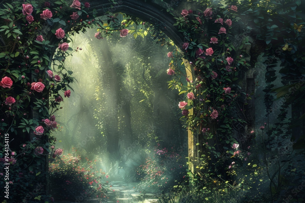 Ethereal Floral Gateway Intricate Rose Vines on Mystical Arch, Digital Art, Enchanted Garden Theme