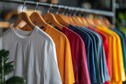 Clean, ironed tshirts on a hanger in a store or at home in a light wardrobe Clothing store concept for sale , high resolution photo