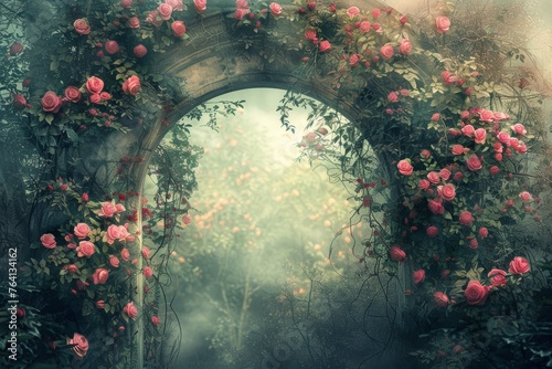 Ethereal Floral Gateway Intricate Rose Vines on Mystical Arch, Digital Art, Enchanted Garden Theme