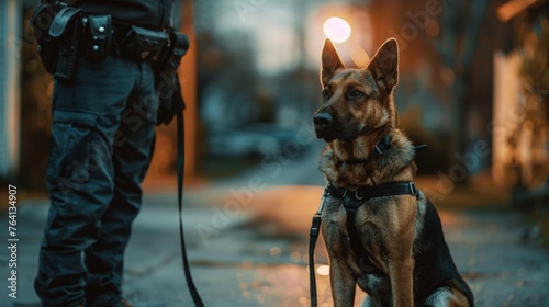 Police dog on duty patrol with a police officer in a large city street