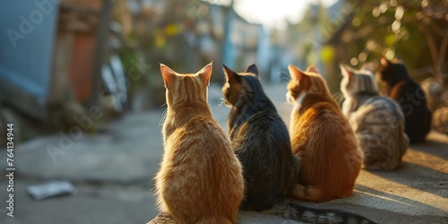 A captivating line of cats gazes intently down a street, as if awaiting an event