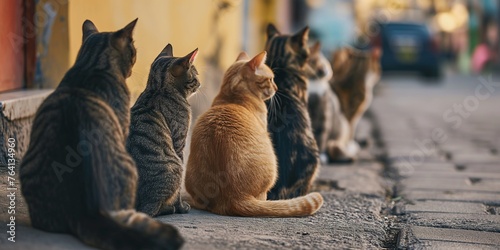 A captivating line of cats gazes intently down a street, as if awaiting an event