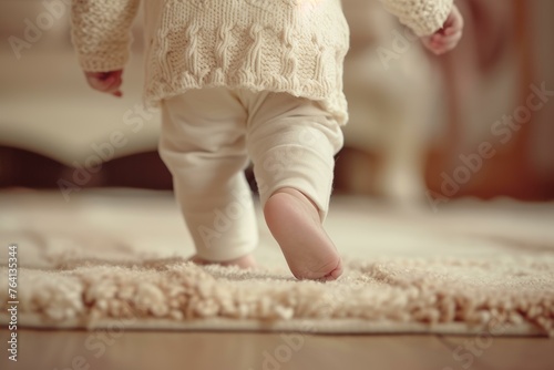 Toddler taking tentative steps on a soft rug in a cozy room photo