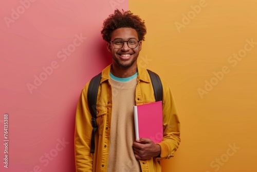 Smiling young student with backpack and notebook standing against a two-toned orange and pink background