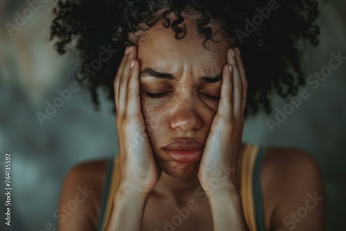 Woman with curly hair feeling stressed or experiencing a headache while holding her head with both hands.