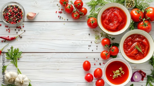Fresh tomato sauce ingredients arranged on a white wooden background