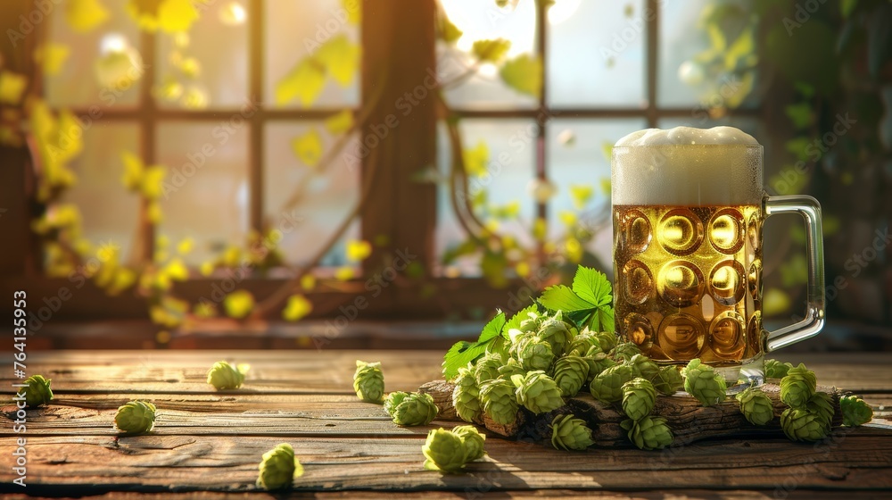 Golden beer in a stein with frothy head beside hops on a wooden table with warm sunlight filtering through a cottage window. - obrazy, fototapety, plakaty 