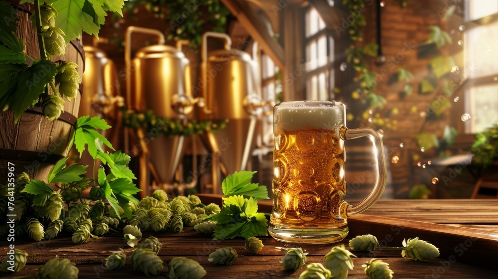 A refreshing glass of beer amidst hops on a brewery background with sunlight streaming through the windows