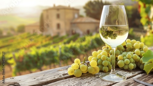 A glass of white wine with fresh grapes on a rustic wooden table overlooking a vineyard at sunset