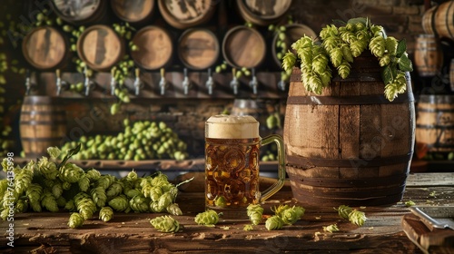 Craft beer experience with fresh hops and wooden barrel in a rustic brewery setting photo