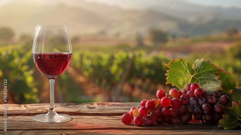 Glass of red wine with fresh grapes on a wooden table overlooking a vineyard at sunset
