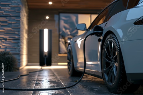 Electric vehicle charging overnight at a residential home's modern carport photo