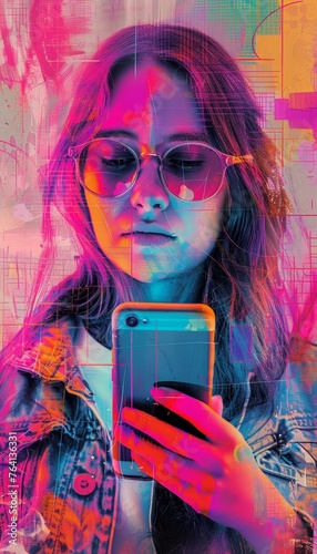 Vibrant digital portrait of a young woman with sunglasses using her smartphone against a neon glitch art background. © BrightWhite