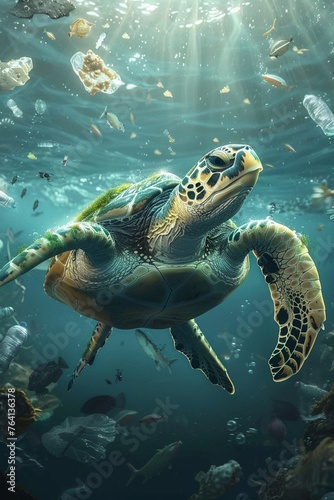 Sea turtle, plastic debris, symbol of ocean pollution, swimming through a polluted ocean, biodegradable alternatives, realistic, Rembrandt lighting, HDR effect © ItziesDesign