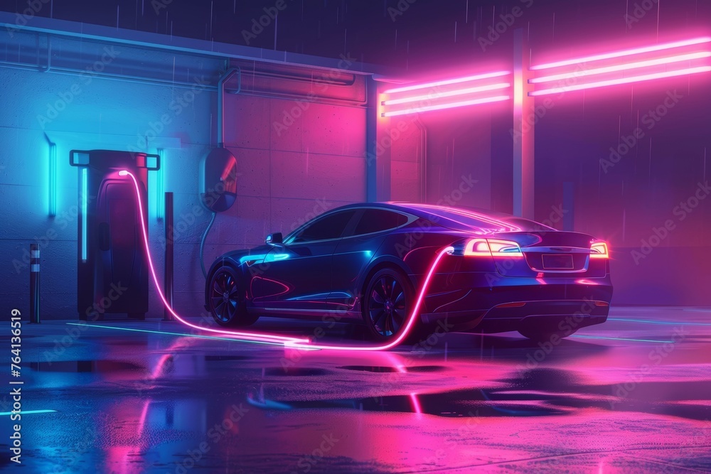 Electric car charging at a futuristic station with neon lights on a rainy night