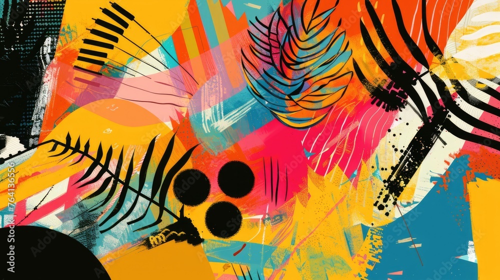 Abstract aesthetic vibrant colourful hand drawn background in naive art style with shapes, brush strokes, dots, lines. Textured boho wallpaper, art print, poster, creative banner