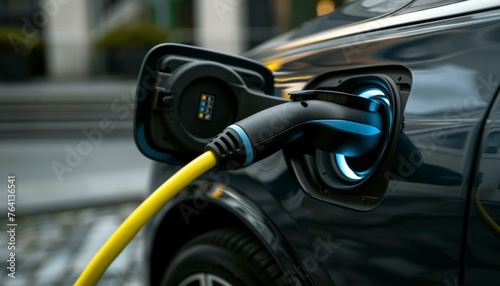 Electric vehicle charging at a public station with a yellow power cable