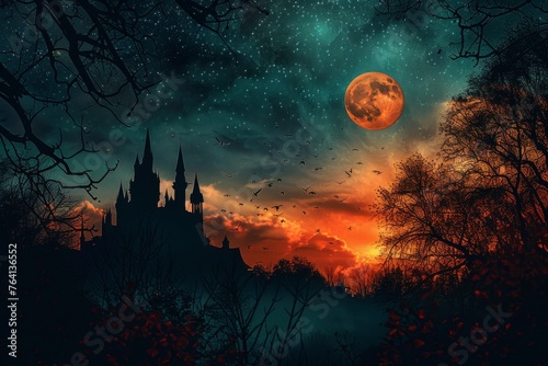 Gothic Nightfall Dark and Moody Castle Silhouetted Against a Full Moon  Digital Art Fantasy Landscape