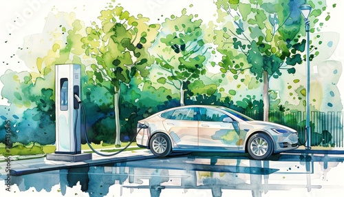 Electric car charging at a modern charging station with a green, tree-filled background in watercolor style.