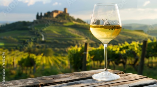 Golden white wine in a glass with a scenic Tuscan vineyard backdrop at sunset