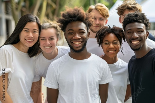 Diverse group of happy young adults volunteers in white shirts posing together outdoors.
