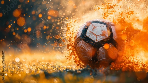 Weathered soccer ball caught in a vibrant explosion of orange sparks