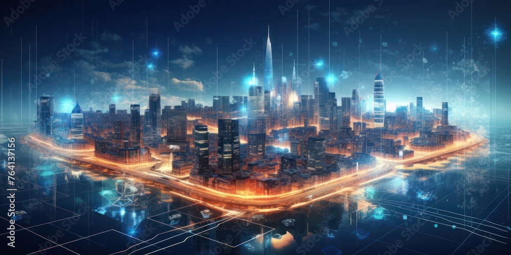 Futuristic Cityscape Illuminated at Night Generative AI