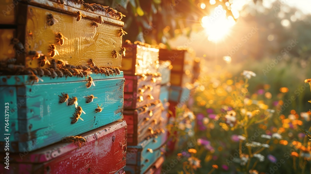 Sunrise activity at the colorful bee hives, showcasing the beauty of nature's pollinators - obrazy, fototapety, plakaty 
