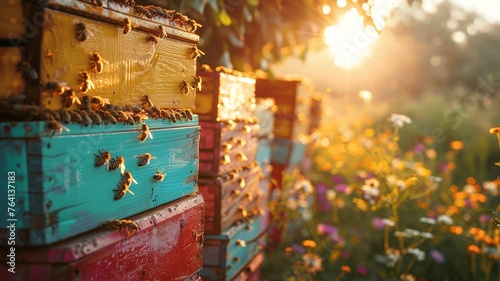 Sunrise activity at the colorful bee hives, showcasing the beauty of nature's pollinators © sopiangraphics